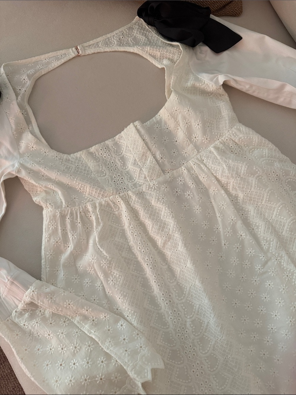 For Love and Lemons White Eyelet Babydoll Dress with Black Shoulder Bows - Picture 2 of 4